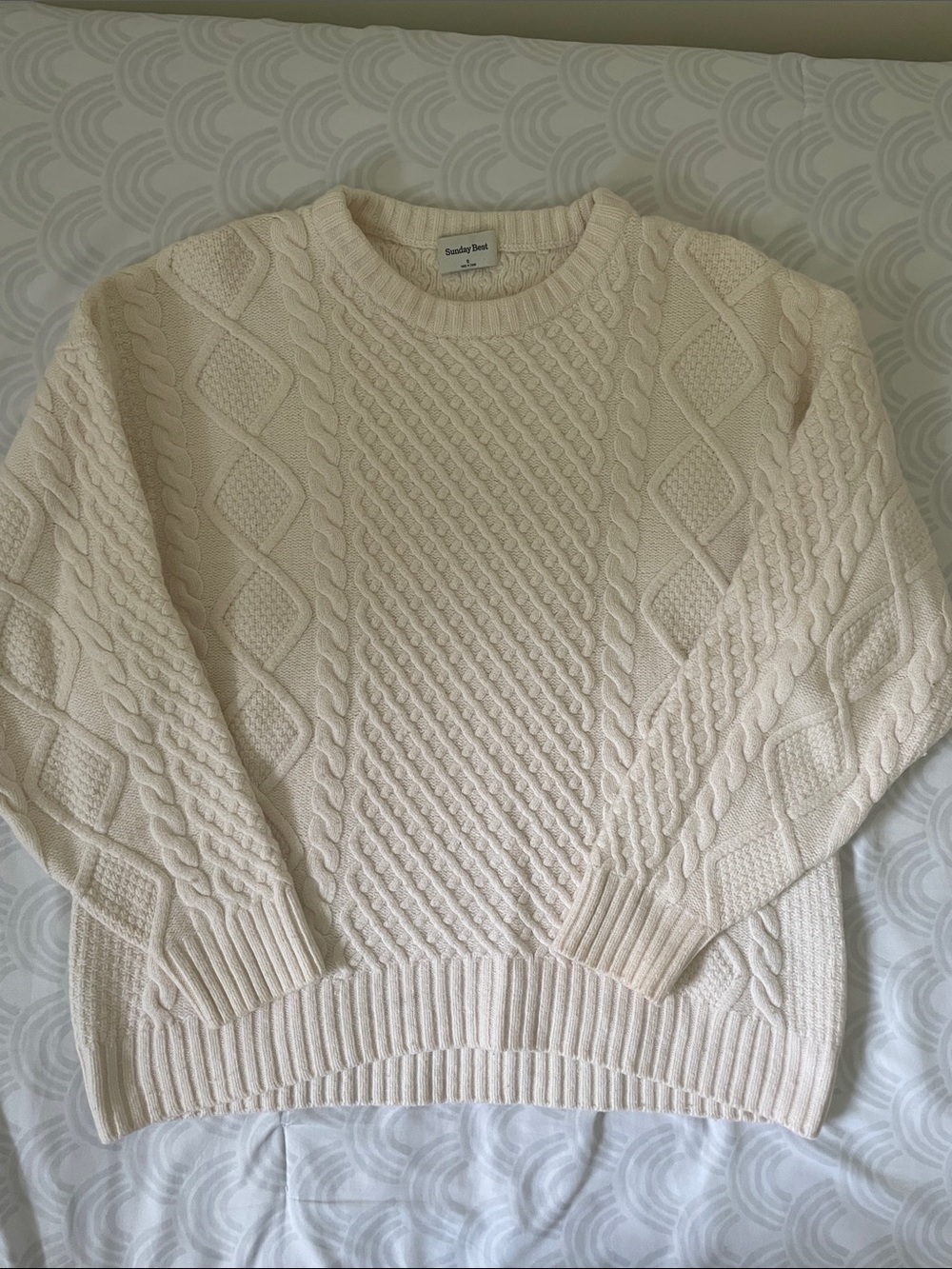 Aritzia Sunday Best Cream Merino Wool Organic Cotton Blend Cable Knit Sweater S